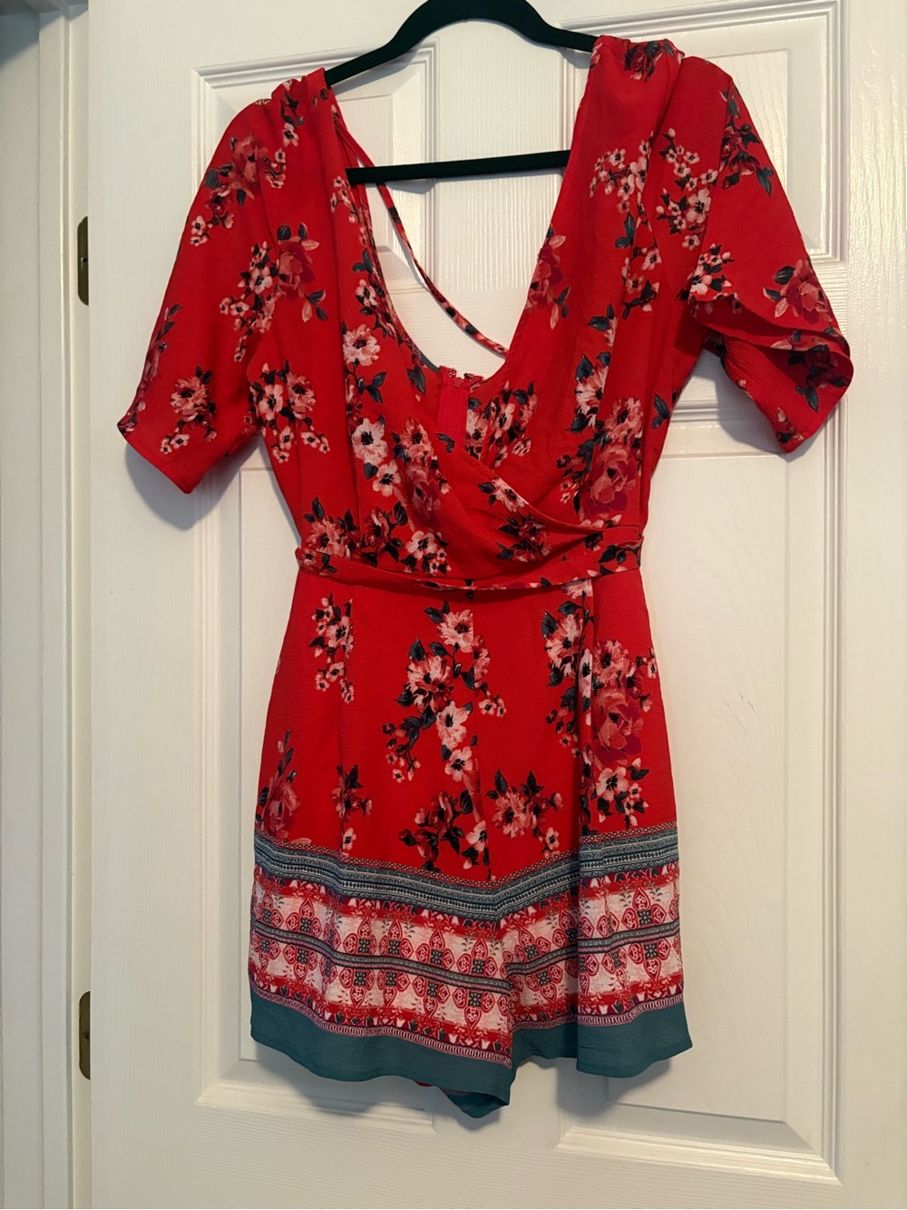 Red Floral Mini jumpsuit with Border Hem